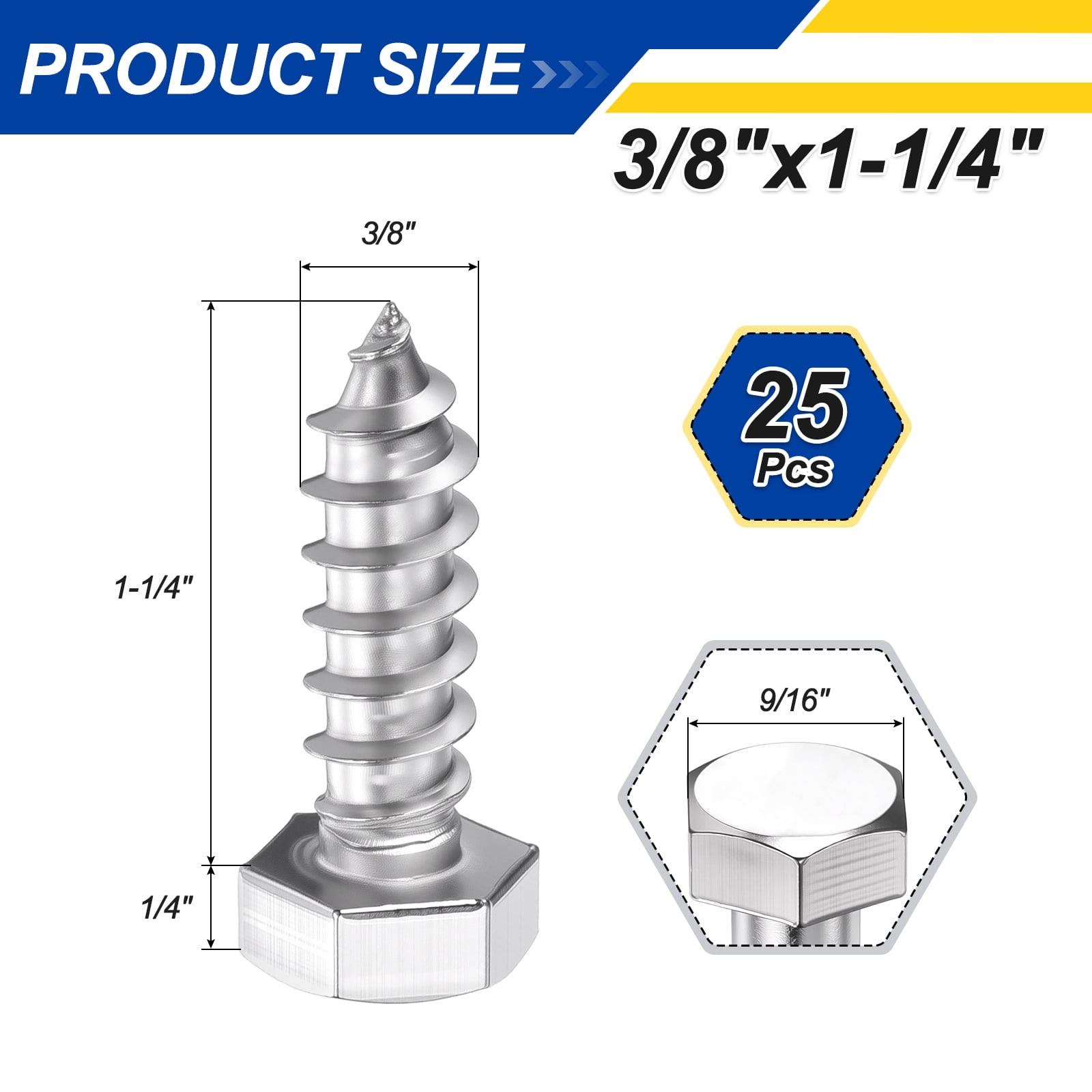 Uxcell 25 Pcs Hex Head Lag Screws - 3/8"x1-1/4" Stainless Steel 18-8 (304) Lag Bolts Hexagon Head Heavy Duty Wood Screws for Wood, Decks, Fences, Furniture, Silver