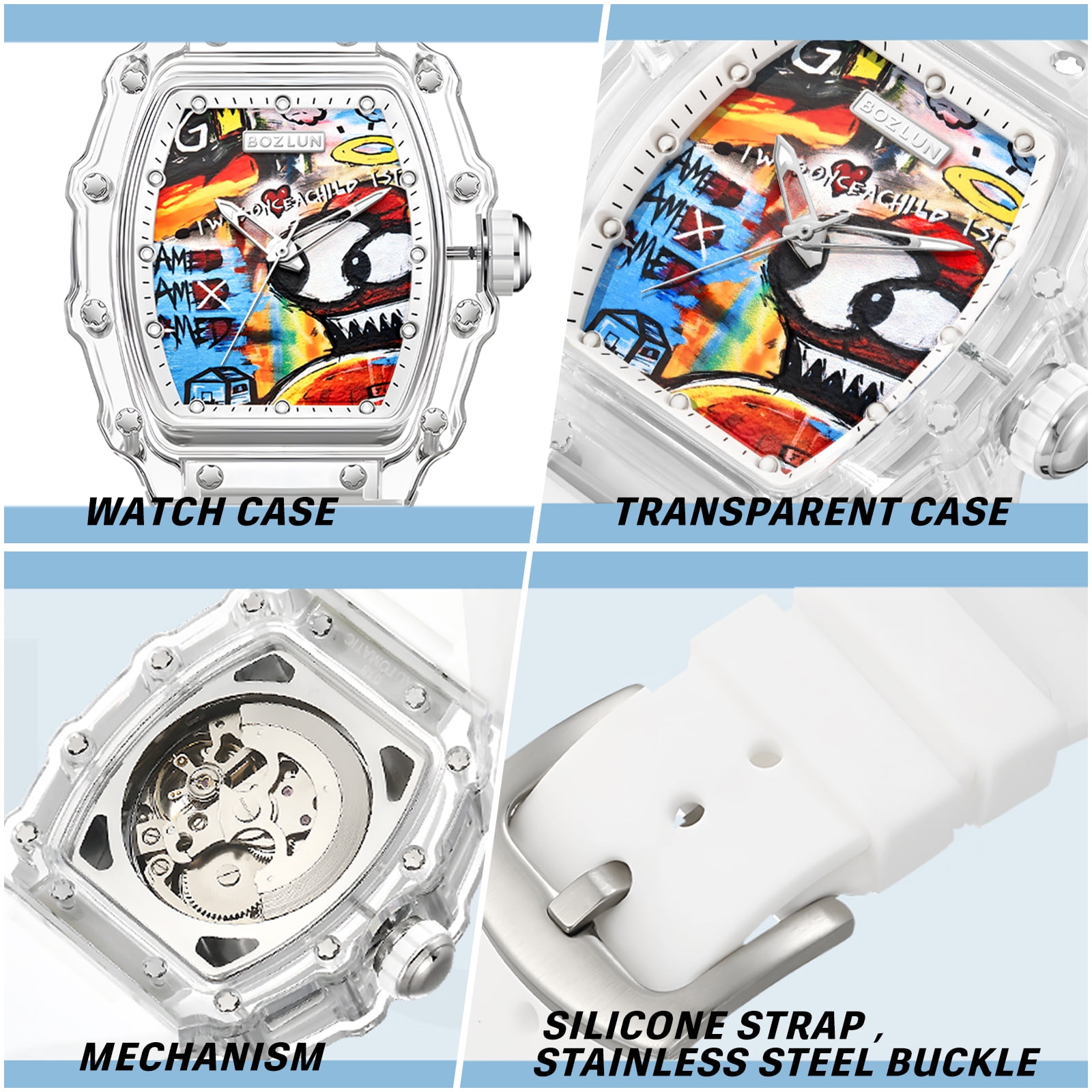 BOZLUN Men Watch Luxury Automatic Mechanical Watches Self Winding, Luminous Waterproof 3D Dial Watches for Men White
