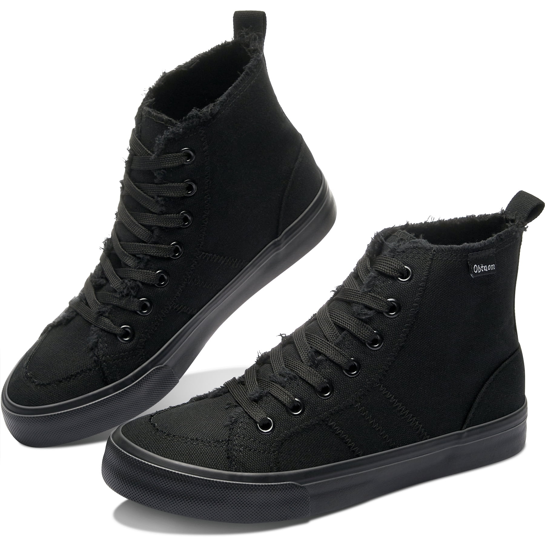 Obtaom Womens High Top Canvas Casual Sneakers,Fashion Mid Lace up Canvas Shoes,Comfortable Linen Shoes For Lady(All Black,US8)