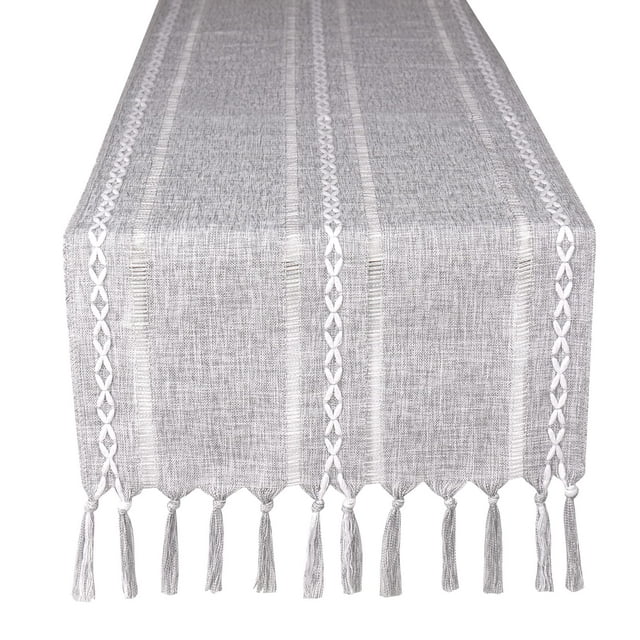 Farmhouse Table Runner Boho Style Linen 120 Inch Long, Handmade Rustic Table Runner with Tassels for Holiday Party Dining Room Kitchen,13x 120 inch Long Dresser Scarf,Gray