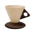 thumbnail image 1 of Juego de taza y platillo de café en forma de cono, estilo moderno de mediados de siglo, con asa de madera, de cerámica artesanal, ideal como regalo para amantes del café., 1 of 8
