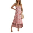 thumbnail image 2 of Vestido largo con escote en V y estampado floral, color rosa, con tirantes finos, espalda descubierta y dobladillo con volantes, estilo veraniego, talla L, 2 of 8