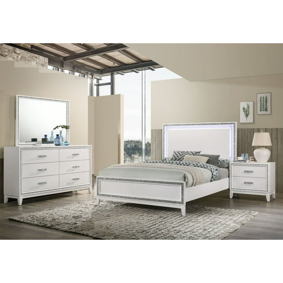 Modern White 4pc Bedroom Set Queen Bed Nightstand Dresser Mirror Panel LED HB Wooden Furniture