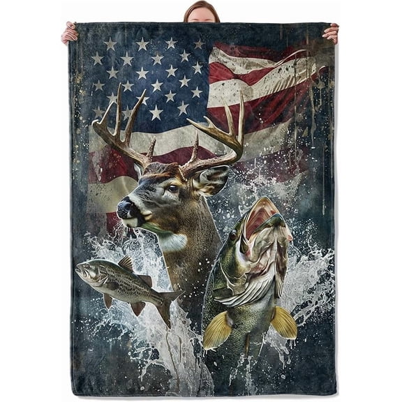 Hunting Deer Fish American Flag Theme Blanket Gifts for Women Girls, Soft Warm Lightweight Flannel Throw Blankets for Living Room Home Sofa Travel Decor