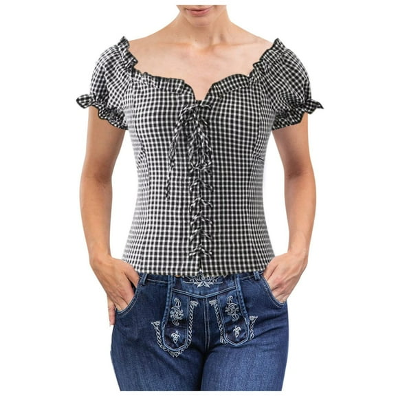 Women Summer Tops " Ladies' Oktoberfest Plaid Waist Cincher Tie Front Short Sleeve Shirt Ideal For Festival And Casual Outings" Wrap Compression Guard plus Size Christmas Tunic Lady Summer Silver L