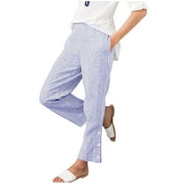 fatyb Womens Stripe Casual Pants with Pockets Elastic High Waist Lightweight Loose Trousers for Women