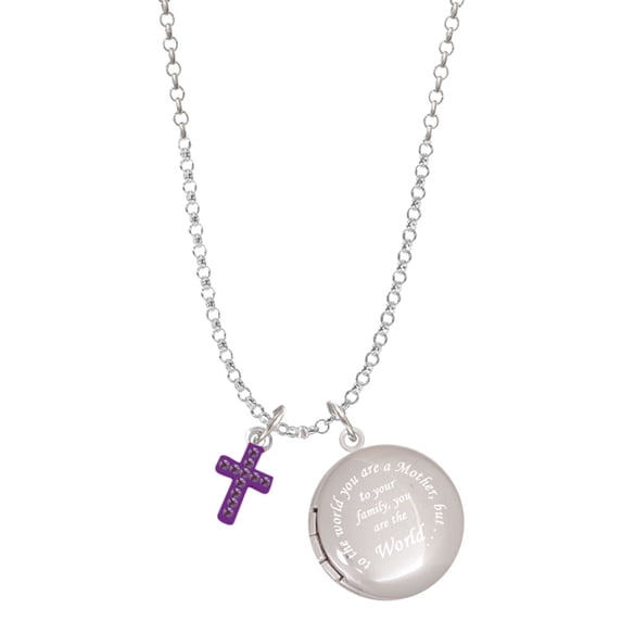 Delight Jewelry Silvertone Small Purple Crystal Cross To the World You are a Mother Locket Necklace