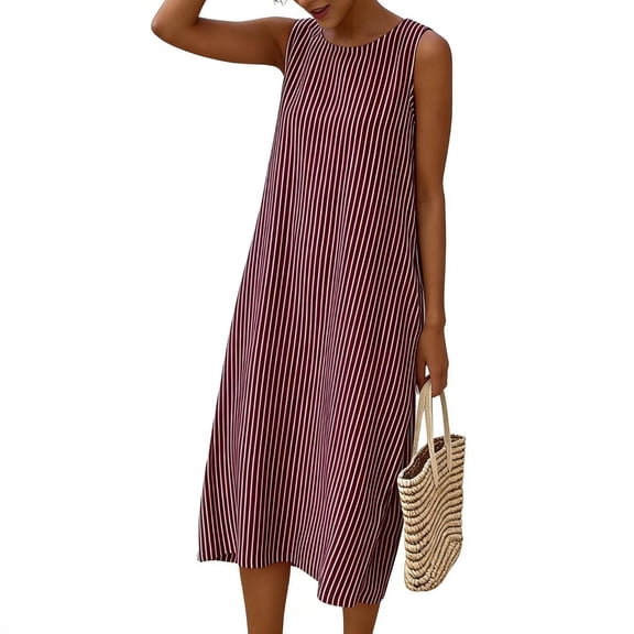 ClodeEU Women's Striped Print Sleeveless Crewneck Maxi Dress with Pockets ,Casual Long Beach Dress Wine,Womens Plus L