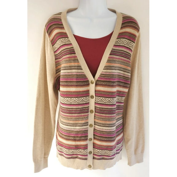 North Crest Striped, Long Sleeve, V-Neck, Button Front Cardigan Sweater Women's 1X