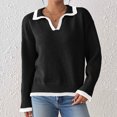 thumbnail image 2 of TFEOQRY Women's Collared V Neck Sweater Contrast Ribbed Edge Long Sleeve Casual Pullover Top Black, 2 of 7