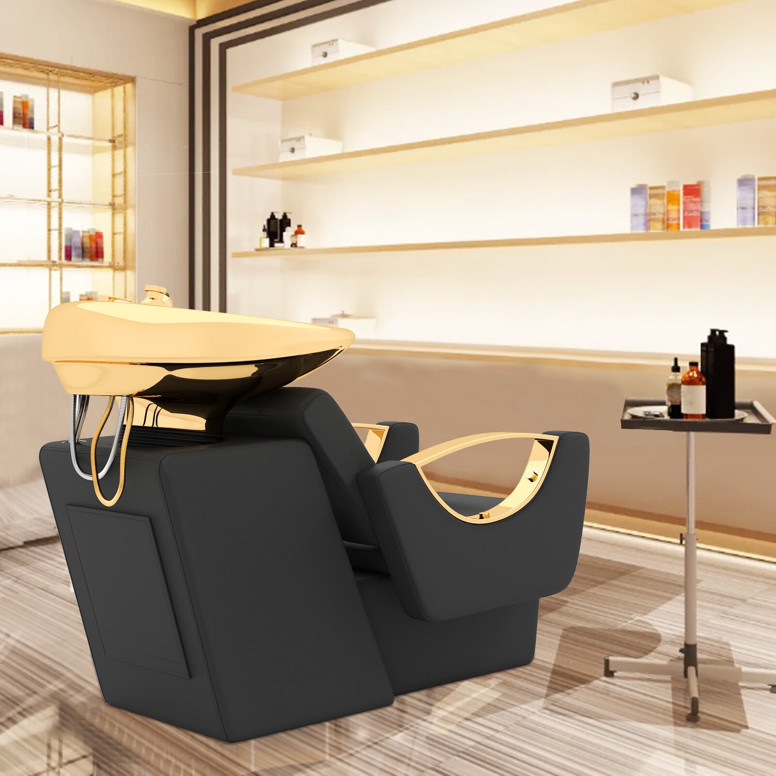 Black+Gold Barber Backwash Unit Ceramic Shampoo Bowl Hair Stylist Station Sink Beauty Salon Spa Equipment