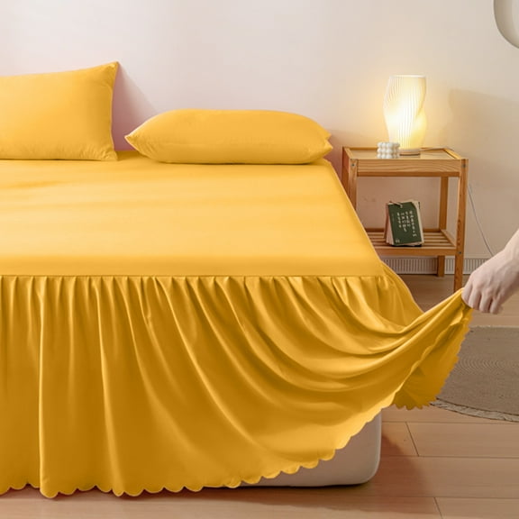 Eolstice Solid Color Bed Skirt with Elastic, Washed Cotton Fabric Dust Ruffle, Bedroom Decor Protection for Mattress Box Spring