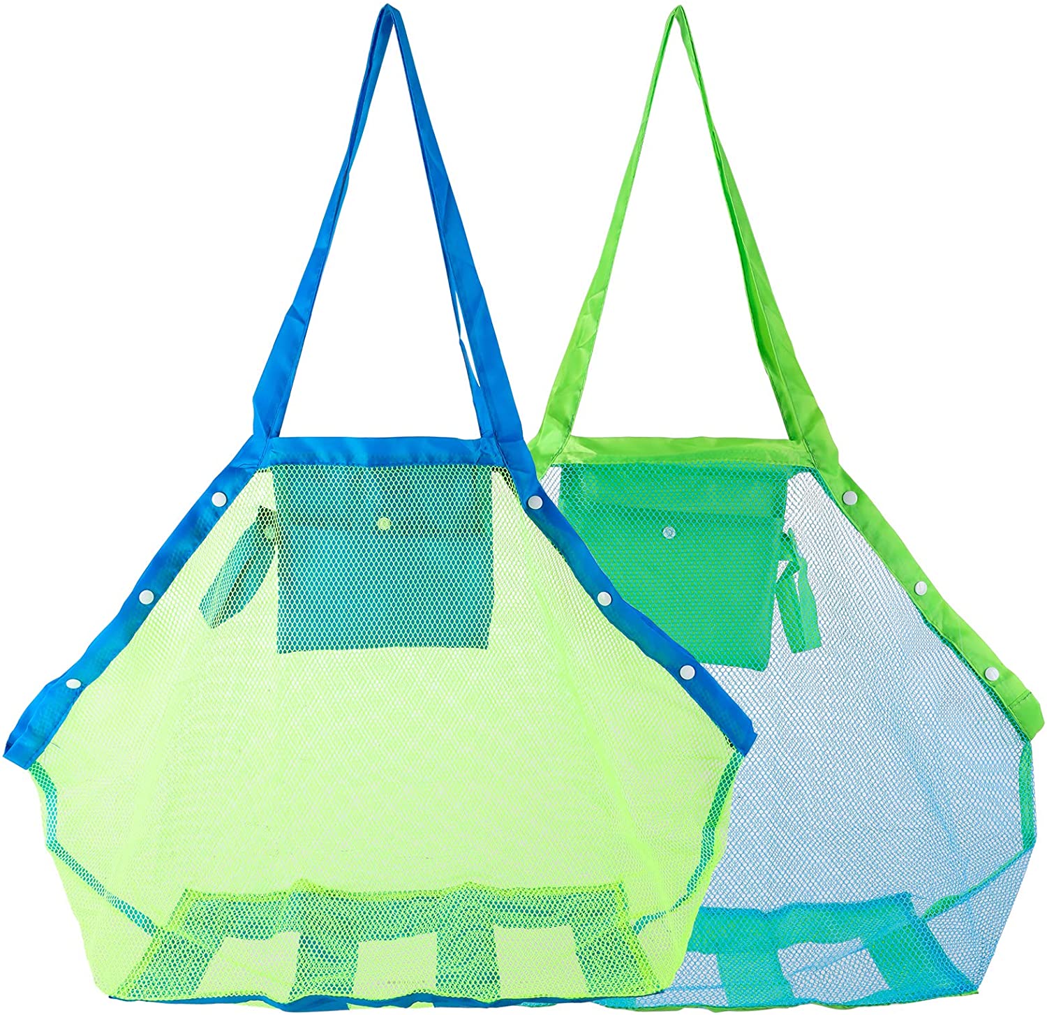 Mesh Beach Tote Bag, Kids Sea Shell Bags,2 Pack Large Beach Toy Bag Away from Sand,Bag Toys Organizer,Sand Toys Collector-Beach Pool Gear(Green+Blue)