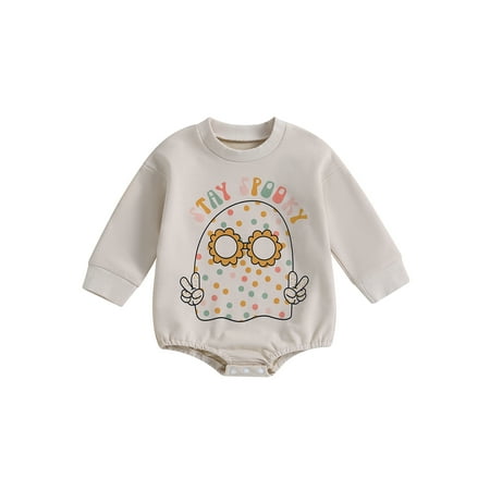 

Newborn Baby Girls Bubble Romper Long Sleeve Crew Neck Spooky Vibes Pumpkin Ghost Print Bodysuit Infant Halloween Outfits