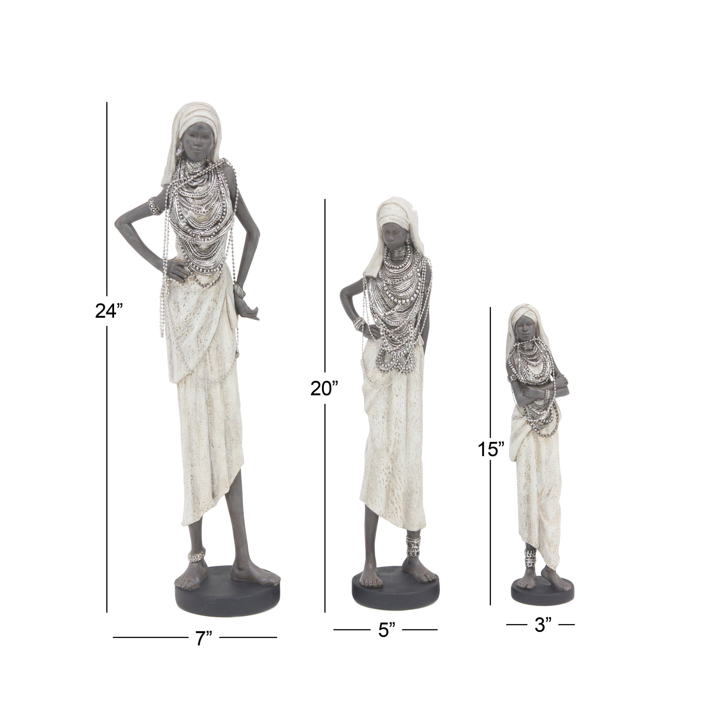 15", 20", 24"H White Polystone Standing African Woman Sculpture with Intricate Jeweled Details, by DecMode (3 Count)