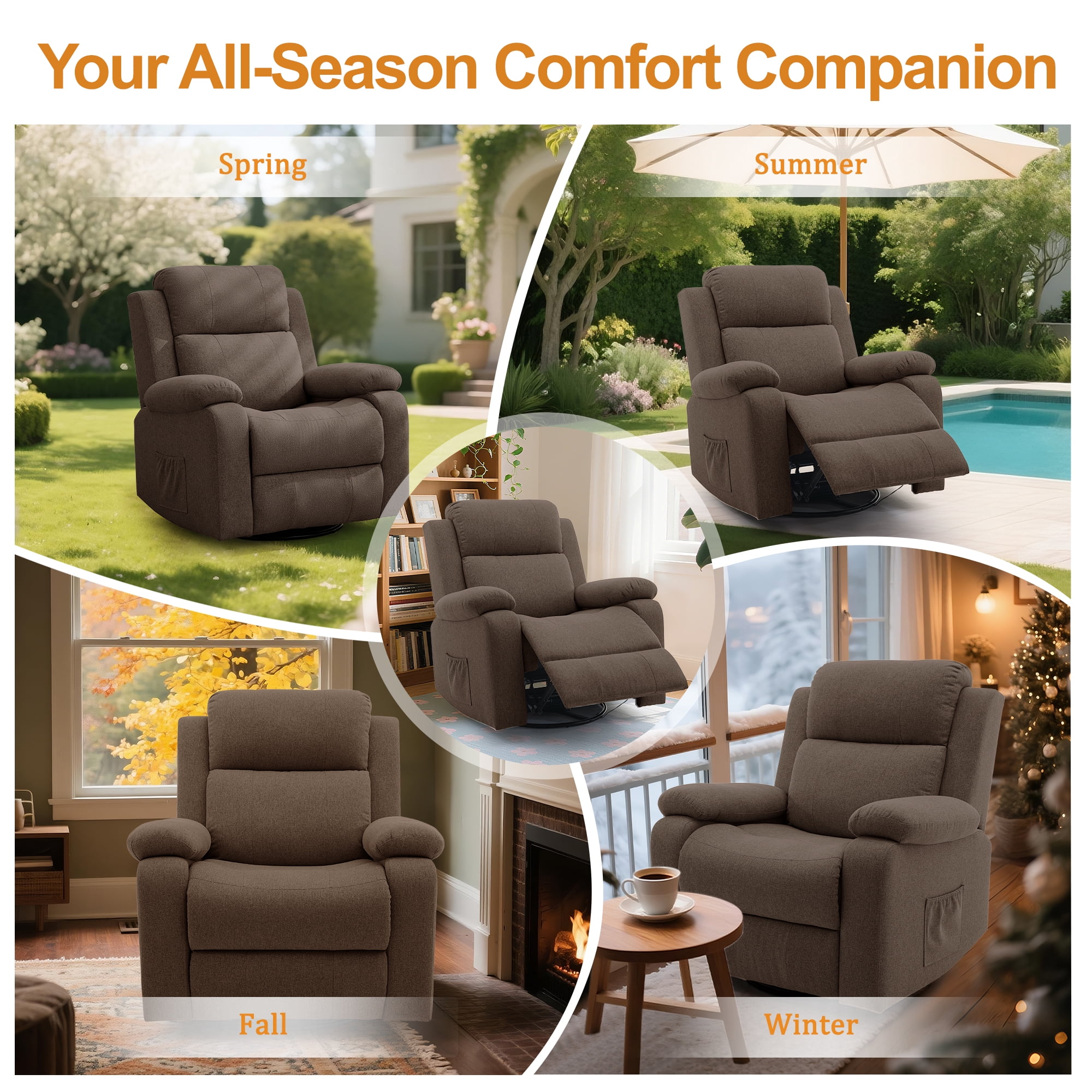 Korser Swivel Rocker Recliner Chair for Adults with Massage and Heat,Upholstered Manual Recliner with Side Pockets Glider Recliner for Living Room,Linen,Brown