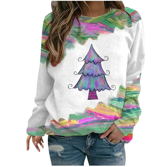 YANHAIGONG Christmas Sweatshirts for Women Long Sleeve Crewneck Sweatshirts Pullover Christmas Tree Tops and Fresh Greens Raglan Sleeve Top Christmas Tree Sweatshirts for Women Plus Sizes