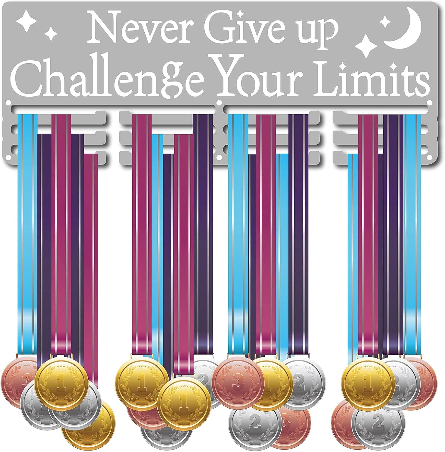 Medal Holder Display Hanger Rack Sports Awards Metal Wall Mounted Never Give Up Challenge Your Limits for Athletes Champions Players Gymnastics Over 60 Medals Platinum 15.7 x 5.9inch Platinum