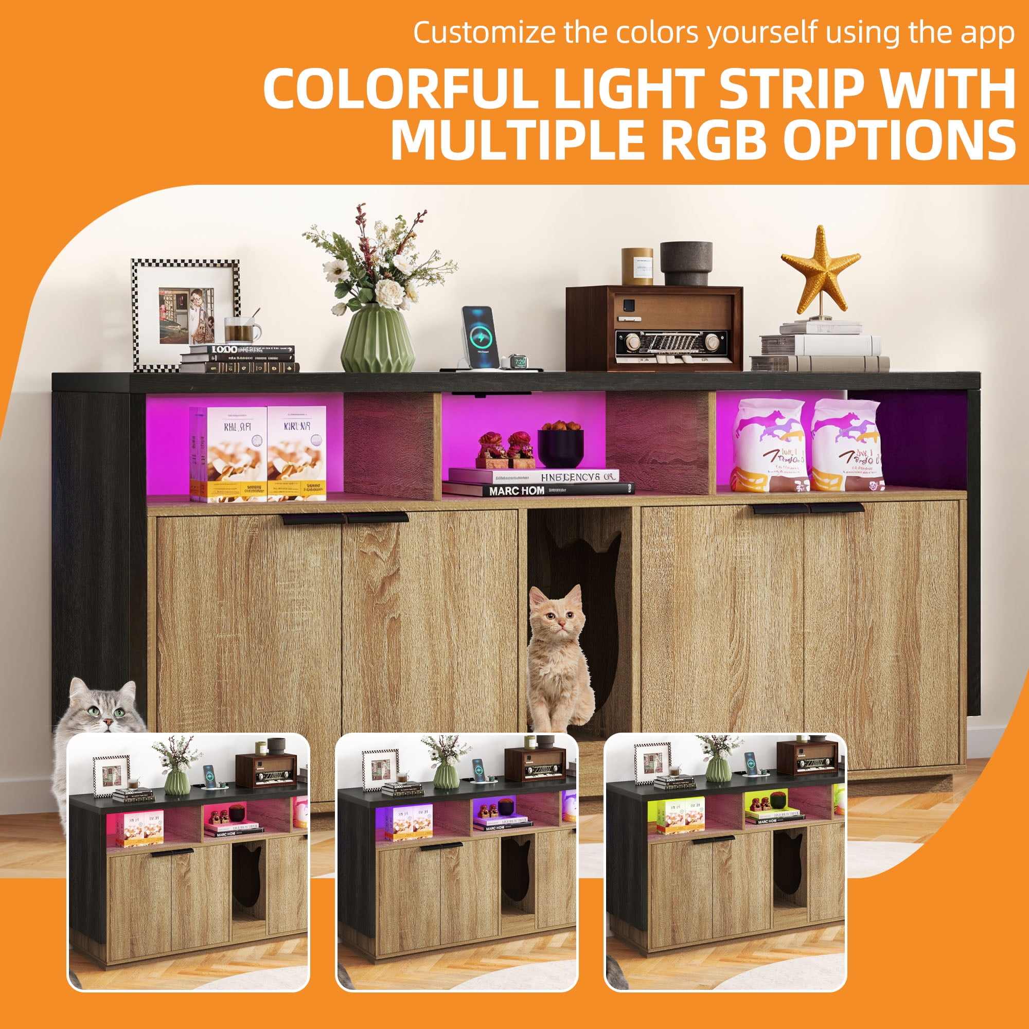 Craftian Cat Litter Box Enclosure with Power Outlet and LED Light, Wooden Long Cat Litter Box Enclosure TV Stand Furniture with Double Rooms - Oak