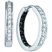 0.49 Carat (ctw) 10K White Gold Round Black & White Diamond Ladies In & Out Huggies Hoop Earrings 1/2 CT