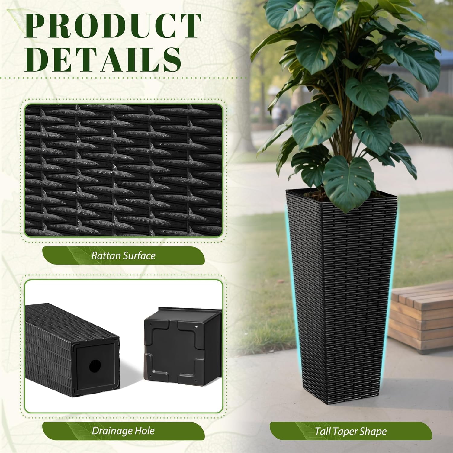 YounGG Lane Set of 2 Resin Rattan Tall Planters for Outdoor Plants, Large Tapered Planters with Drainage Holes&Inner Trays, Flower Pots for Garden, Patio, Porch, Backyard (Black, 24'')