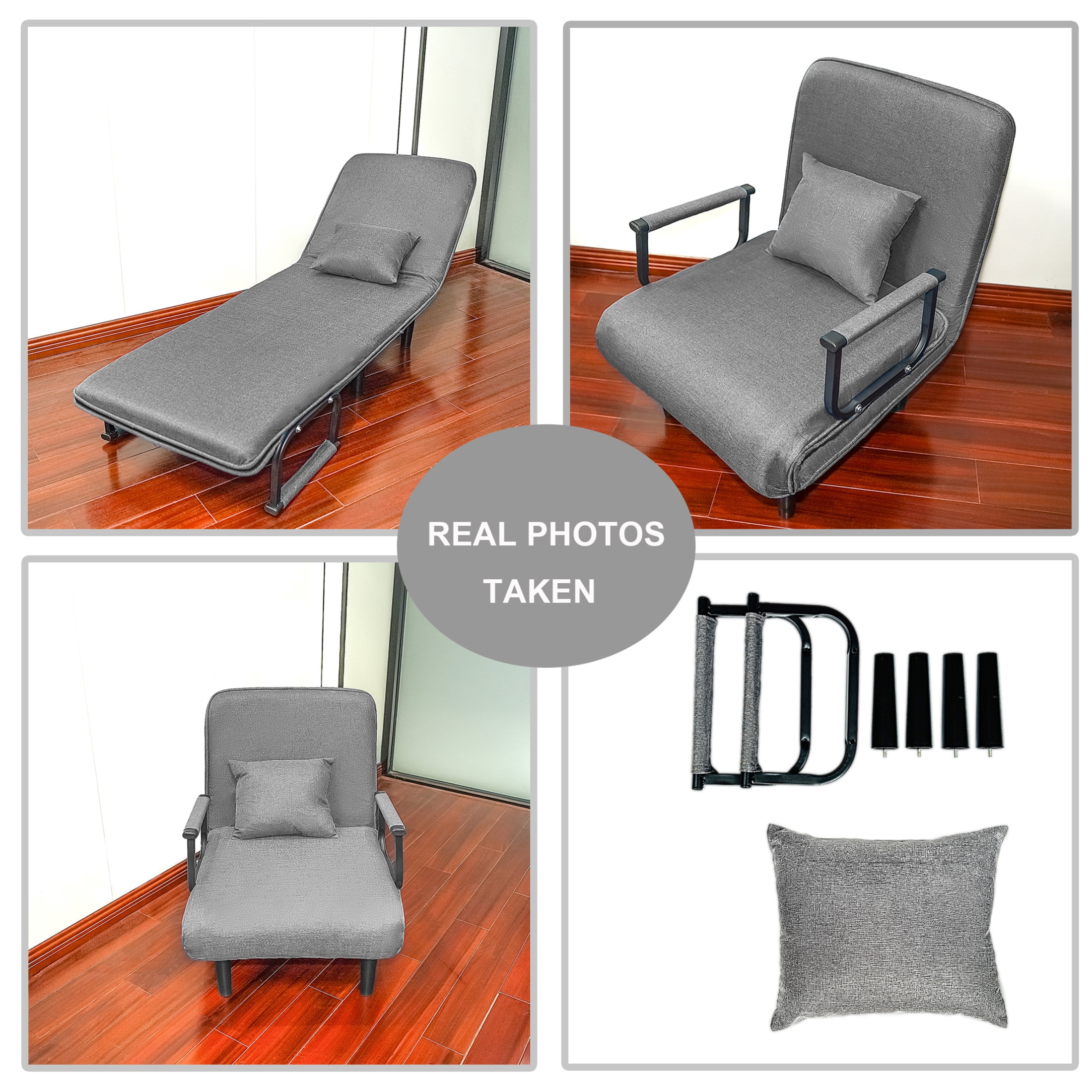 Noble House Folding Sofa Chair Sleeper with Accent Pillow, 3-in-1 Convertible Linen Lounger Bed for Living Room, Grey
