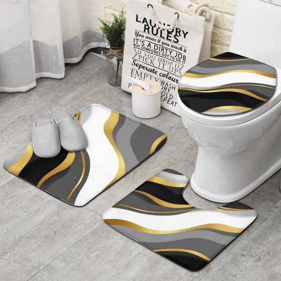 Black White Gold Wave Marble Bathroom Rugs Sets 3 Piece,Toilet Cover Set,Absorbent Non Slip Bathroom Mats Sets with U-Shaped Contour Rug Toilet Rug Set
