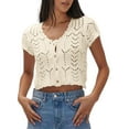 thumbnail image 2 of Women'S Summer Short Sleeve Crochet Shrug Tie Front Open Knit Cropped Cardigan Sweater Cover Up Rice Apricot Color M, 2 of 9