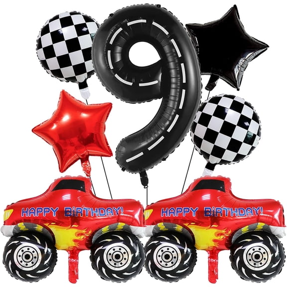 Truck Birthday Balloons Decorations 40 Inch Racetrack Number Balloon 9, Checkered Foil Balloons Red and Black Star Balloon for Race Car Theme Birthday Party Decorations 7Pcs