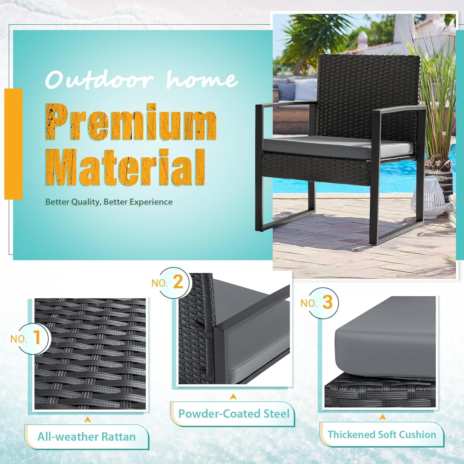Lacoo 3 Pieces Patio Indoor Conversation Set Cushioned PE Rattan Bistro Chairs Set of 2 with Coffee Table, Black/Grey