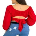 thumbnail image 2 of Women Tie Back Crop Top Off Shoulder Puff Sleeve Ruched Bust Tops Shirt Blouse, 2 of 4