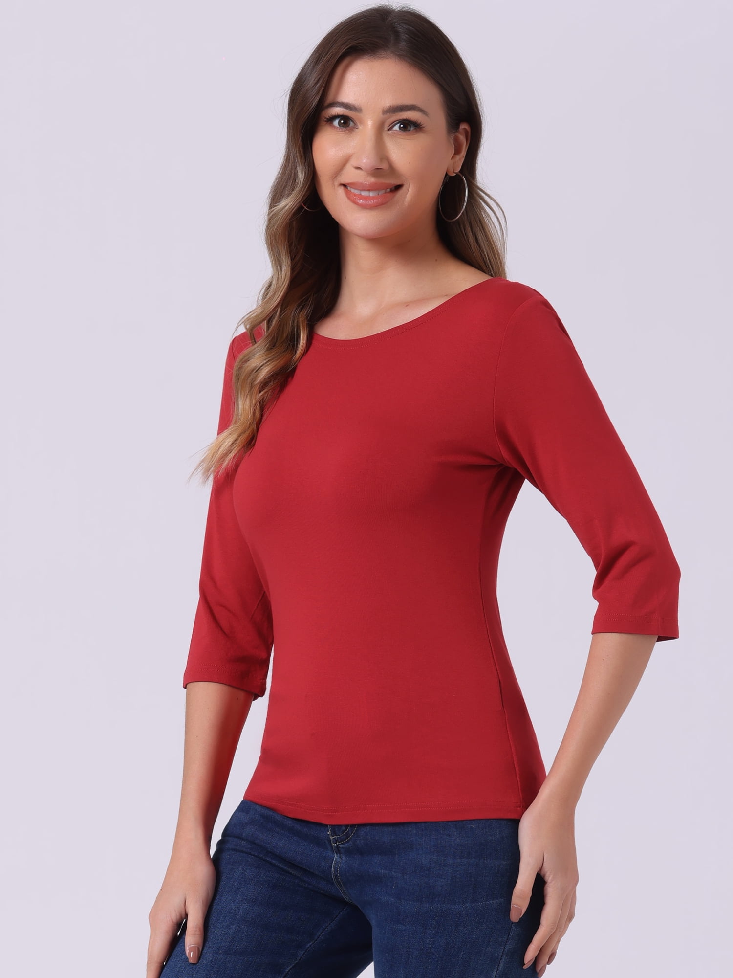 DARING DIVA Women's Elbow Sleeves Boat Neck Slim Fit Classic Tee S Bright Red