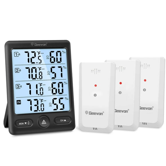 Geevon Indoor Outdoor Thermometer Wireless, Large LCD Display Digital Hygrometer Thermometer Temperature Humidity Monitor with 3 Remote Sensors and Backlight, Battery-Powered(Black With Backlight)