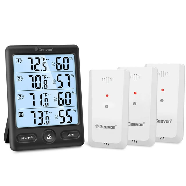 Geevon Thermomètre Intérieur Extérieur Sans Fil, Grand Écran LCD Hygromètre Numérique Thermomètre Température Humidité Moniteur avec 3 Capteurs à Distance et Rétroéclairage, à Piles (Noir avec Rétroéclairage)