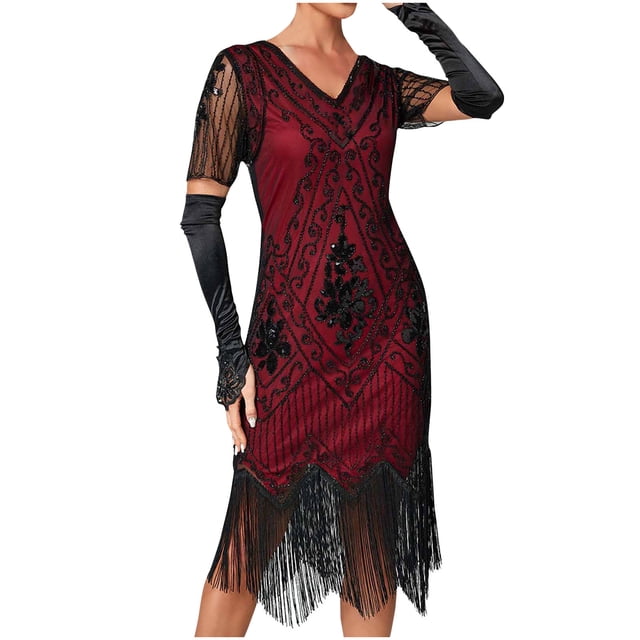 Vestido de Manga Corta para las Mujeres Sexy Cuello en V Lentejuelas Y Detalle Bornilla Color Sólido, Poliéster Elegante para Fiesta Y Vestir de Noche