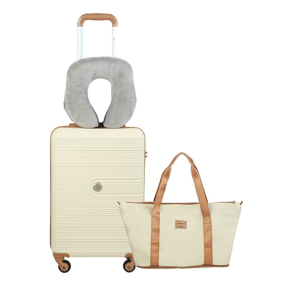 Travelhouse Carry on Luggage Set 3 Piece hardshell TSA Lock Spinner Wheels Suitcase with Travel Bag and Neck Pillow.(White)