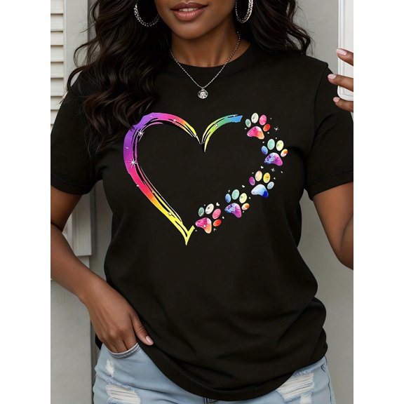 Rainbow Heart Paw Print Pet Lover Women Casual Short Sleeve Graphic T-Shirt