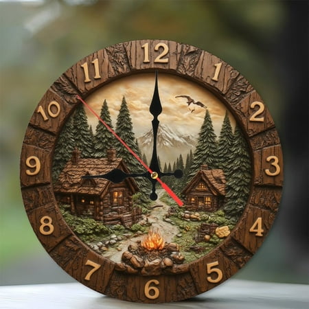 Rustic Cabin Mountain Scene Wall Clock Wood Log Cabin Home Decor 10-Inch Silent Wooden Wall Clock, Battery Operated (AA Batteries Not Included), Artistic Home Decor