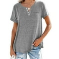 thumbnail image 3 of LUXUR Ladies Tee Solid Color T Shirt Short Sleeve Tops Casual Blouse V Neck Pullover Gray L, 3 of 7
