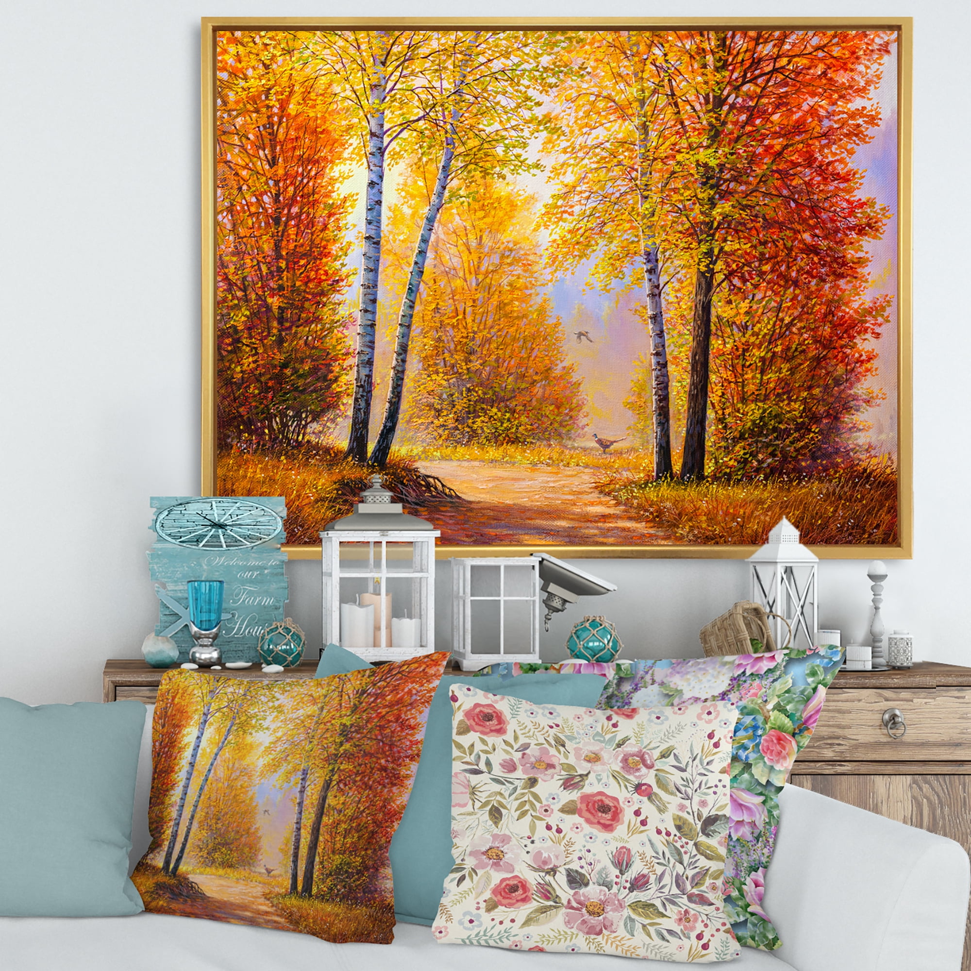 Designart 'Sunrise Glow Through The Autumn Trees' Lake House Framed Canvas Wall Art Print