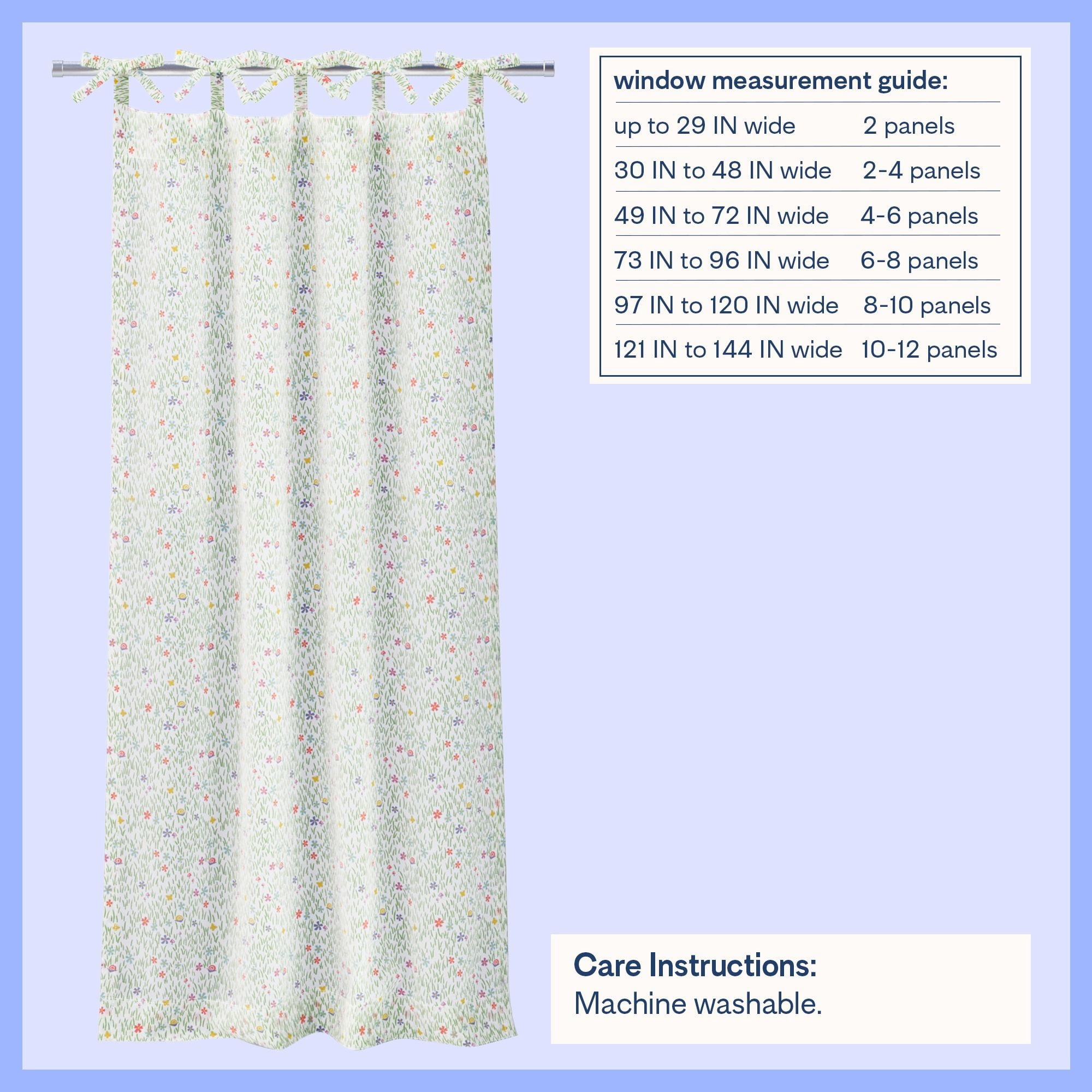 Mainstays Kids Light Filtering Tie Top Single Curtain Panel, Meadow Print, 38 in x 63 in