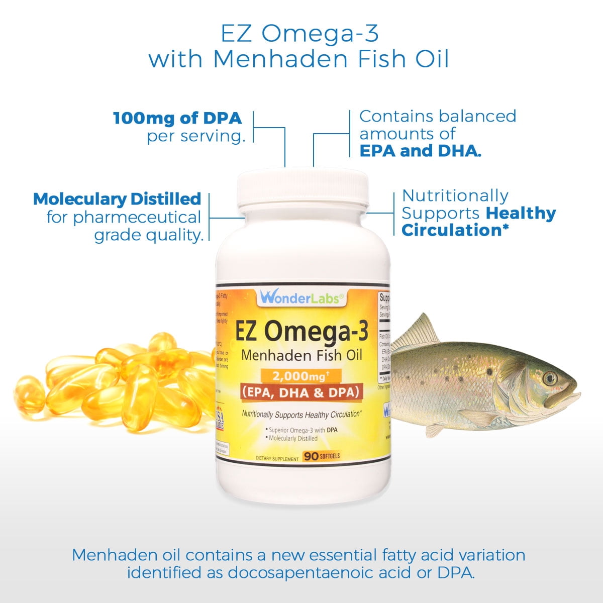 Atlantic Menhaden Fish Oil Omega-3 2000 mg, Burpless, Made in The USA, Perfect Balance of EPA+ DHA + DPA