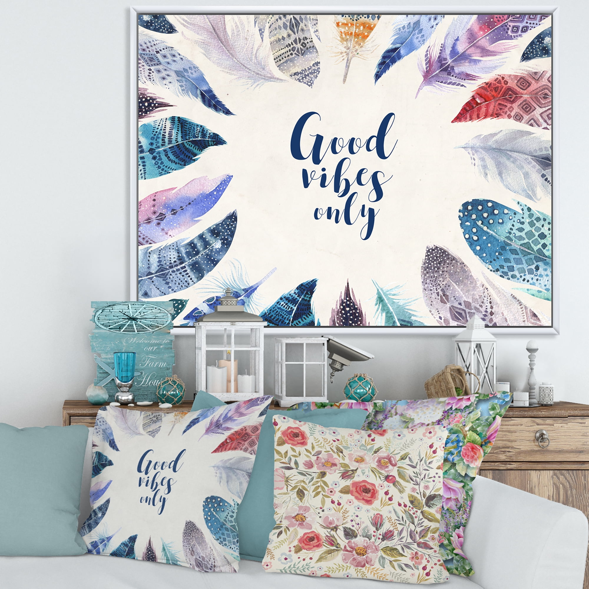Good VIbes Only Under Vibrant Blue Feathers 20 in x 12 in Framed Painting Canvas Art Print, by Designart