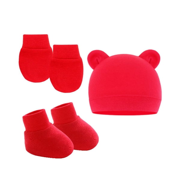 Guantes de algodón tejidos antiarañazos para bebés, gorro y funda para pies, conjunto para recién nacidos