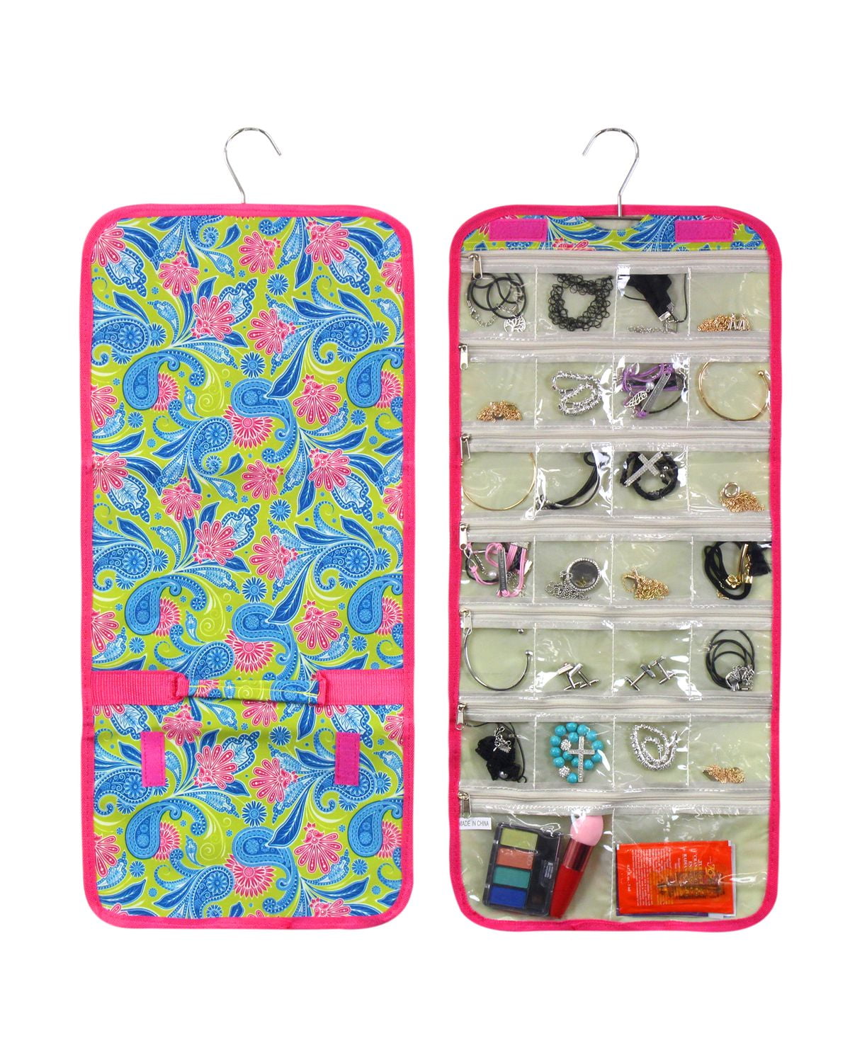 Zodaca Jewelry Hanging Travel Organizer Roll Bag Necklace Storage Holder Green Paisley