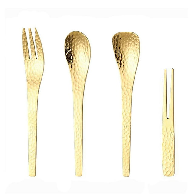 Juego de cubiertos de acero inoxidable de 4 piezas, juego de cubiertos de metal que incluye cuchara para mezclar café, cuchara y tenedor para postre de fruta.