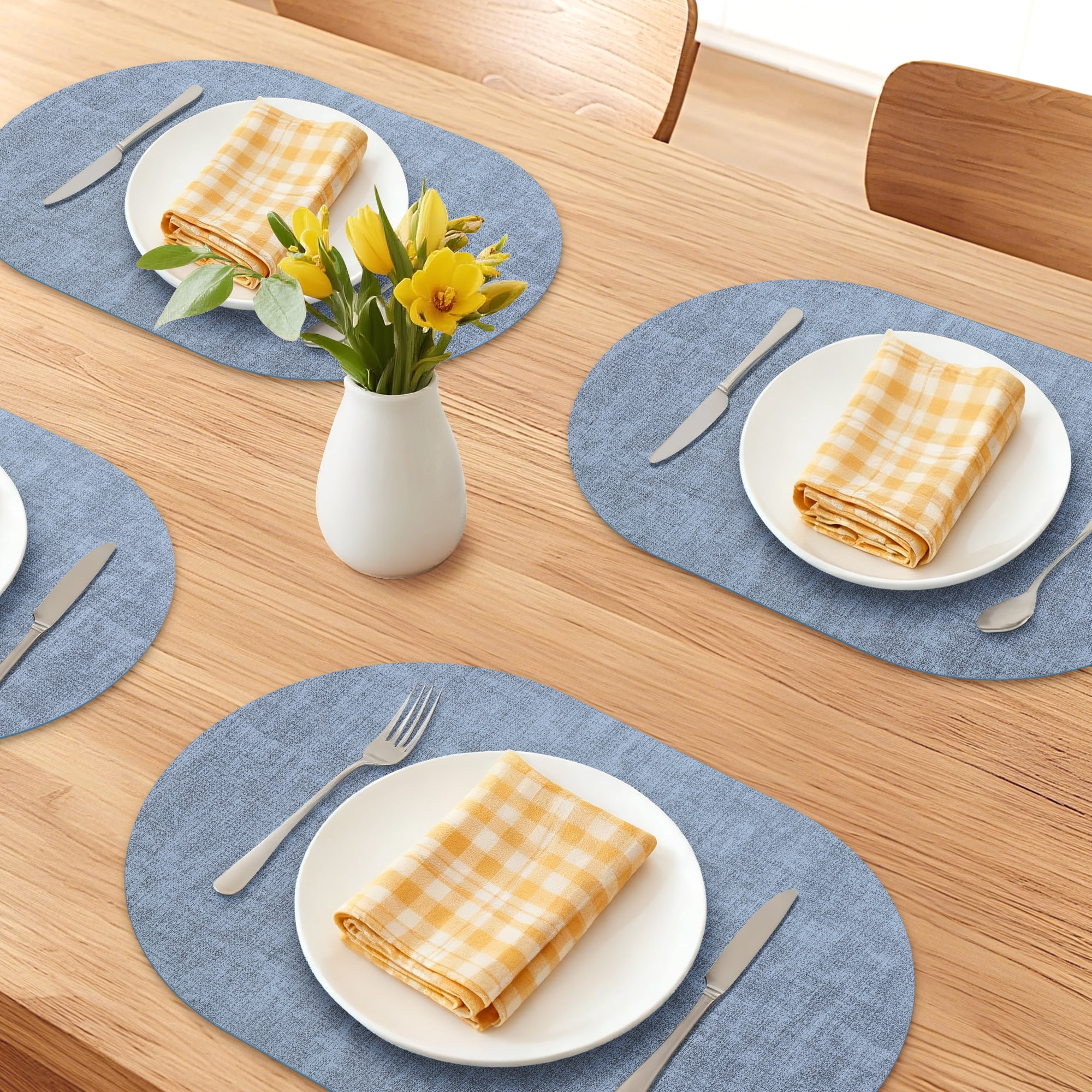 Unique Bargains 6pcs Oval Faux Leather Placemats Light Blue 17.7"x11.8"