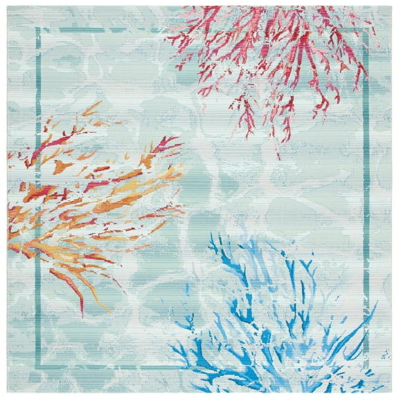 SAFAVIEH Barbados Coral Outdoor Area Rug, Teal/White, 8' x 8' Square