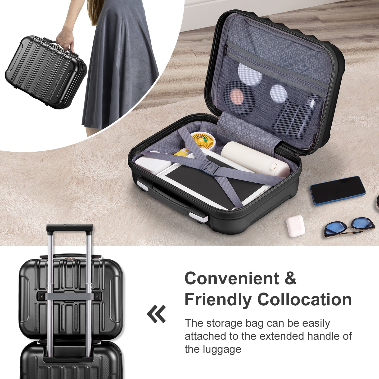 Zimtown 2 Piece Luggage Set, 20" Carry-On Expandble ABS+PC Luggage Hardside Lightweight Suitcase, 14" Mini Cosmetic Cases, Black