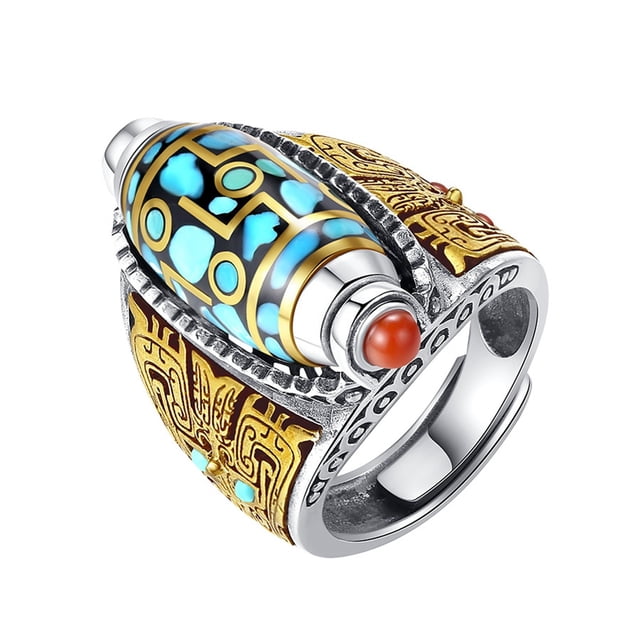 Turquesa Seis Carácter Mantra Nueve Eyed Dzi Bead Anillo Estilo Tibetano Seis Carácter Mantra Bead Transferencia Anillo Giratorio Feng Shui Buena Suerte Meditación Anillo para Hombres Mujeres